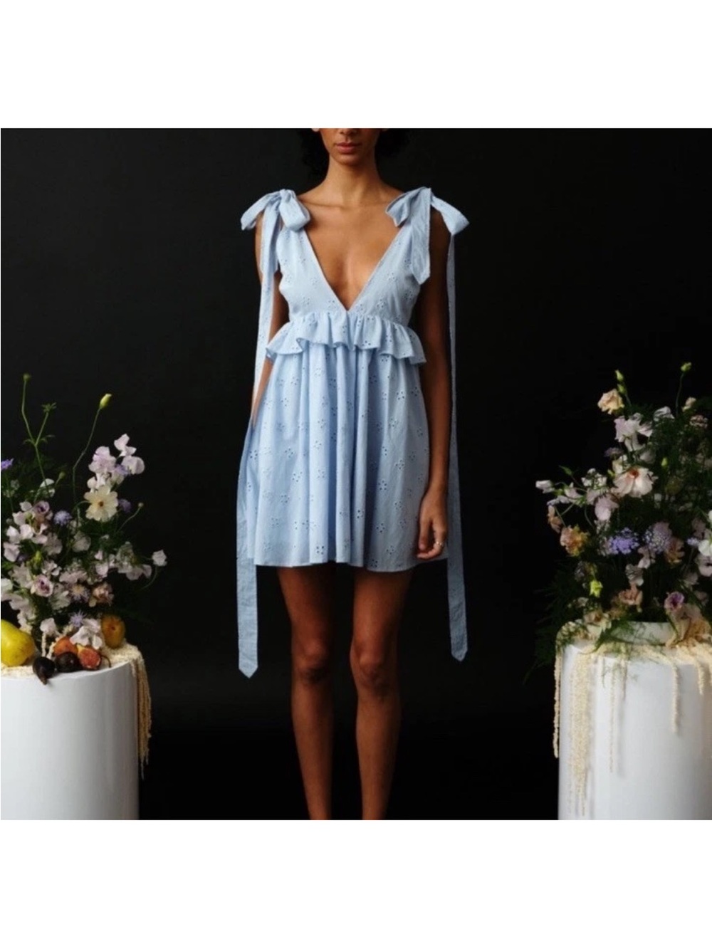 Allina Liu Sammie Mini Dress in Light Blue cotton eyelet babydoll ruffle M